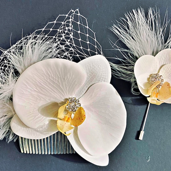 Orchid hair comb and boutonniere set, bridal white orchid hair clip and groom boutonniere set.