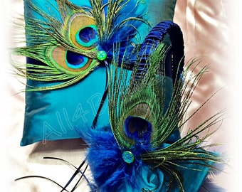 Peacock Weddings ring bearer pillow and basket - Teal and Navy Blue - peacock feaher wedding accessories