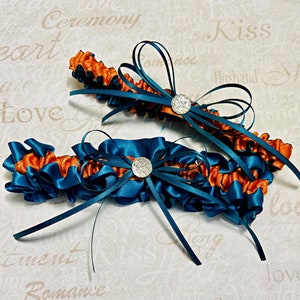 Teal and Burnt Orange Wedding Bridal Leg Garter Set - Something Blue Garters