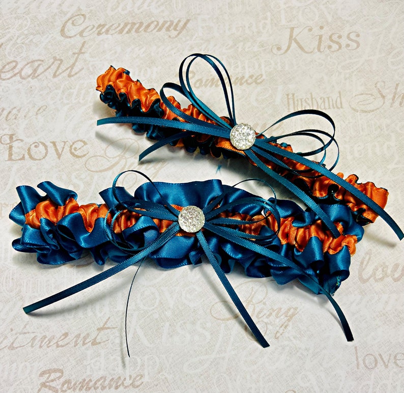 Teal and Burnt Orange Wedding Bridal Leg Garter Set Something Blue Garters image 1