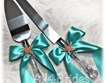 Beach wedding starfish cake knife and server, Navajo Turquoise, Aqua Blue