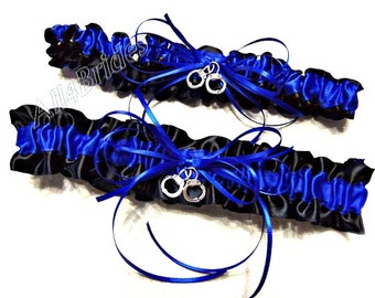 Handcuff charm leg garter belt, thin blue line police wife wedding garter set, black and royal blue satin garters.