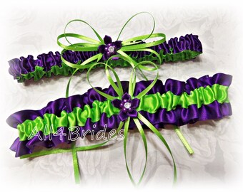 Purple and green garter set, weddings bridal keepsake and toss garters.  Prom garters.