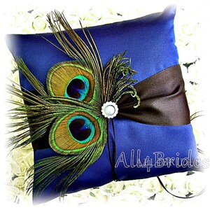 Peacock Feather Wedding Ring Bearer Pillow Peacock Blue and Black