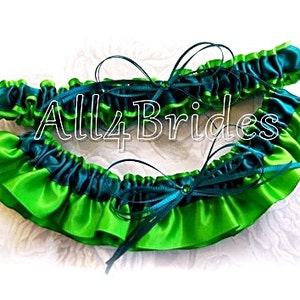 Wedding bridal leg garters emerald green and teal garter belt set, something blue bridal accessories