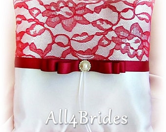 Red lace wedding ring bearer pillow.