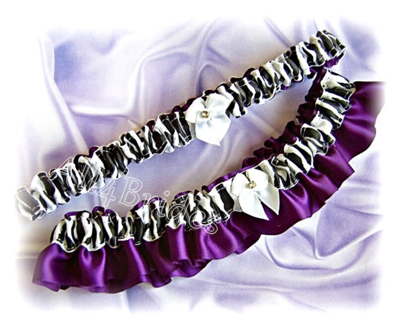Zebra print wedding garter set purple and zebra print bridal garter set