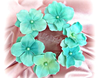 Aqua Blue Flower Hair Pins, Set of Six Hydrangeas Flowers - Weddings Bridal Bridesmaid Hair Accessories,