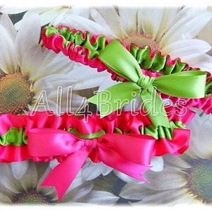 Wedding leg garter belt set hot pink and green, bridal keepsake and toss garter