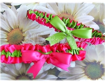 Wedding leg garter belt set hot pink and green, bridal keepsake and toss garter