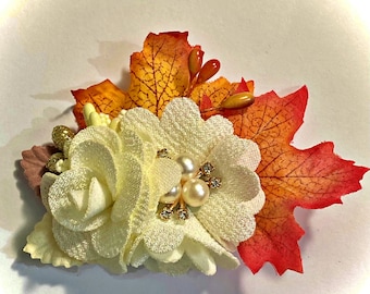 Fall leaves hair clip, Ivory floral hair clip, Fall wedding bridal hair piece.