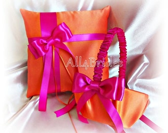 Orange and Hot Pink Wedding Ceremony Ring Pillow and Flower Girl Basket