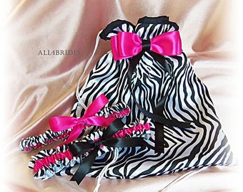 Zebra print bridal garter set and wedding dance bag, bridal accessories hot pink and zebra print.