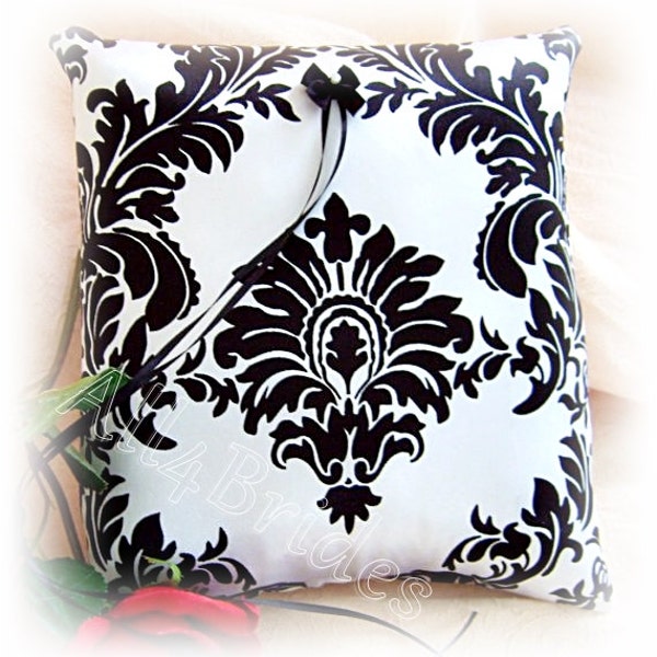 Black and white damask print wedding ring pillow.
