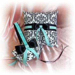 Madison Damask Wedding Ring Pillow Basket Guest Book Garters Aqua Blue and Damask Weddings Ceremony Decor image 2