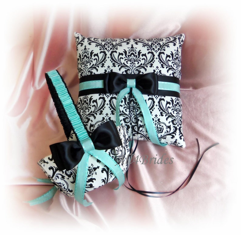 Madison Damask Wedding Ring Pillow Basket Guest Book Garters Aqua Blue and Damask Weddings Ceremony Decor image 2