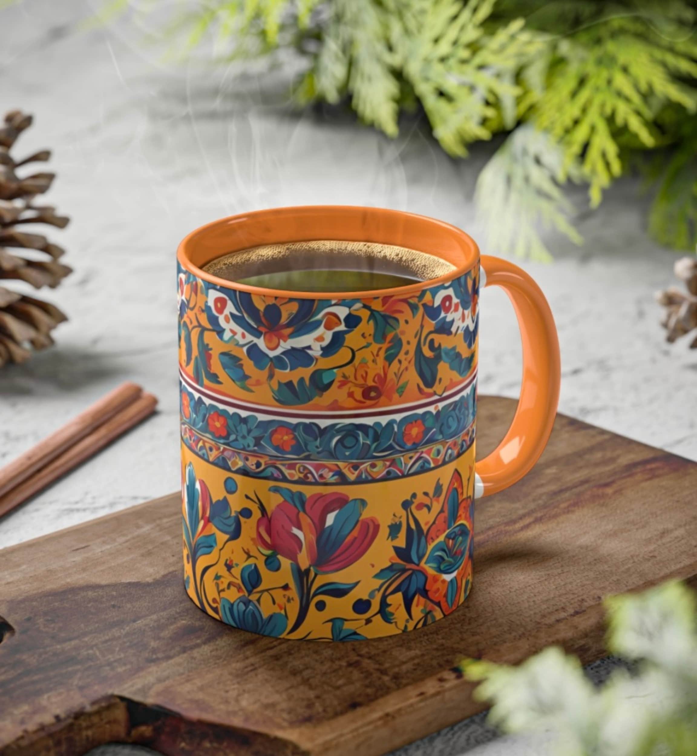 11 oz Floral Talavera two tone Coffee Mug – Vibrant Mexican-Inspired Ceramic Drinkware colorful talavera floral ceramic coffee mug