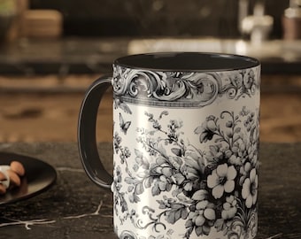 Elegant 11 oz Black & White French Toile Floral Pattern Coffee Mug – Perfect for Coffee Lovers housewarming gift mothers day gifts
