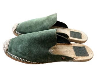 Tory Burch Olive Green Suede Espadrille Mules Slide Sandals Flat Shoes Size 8