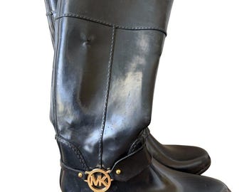 Michael Kors Fulton Black Rubber Riding Style Harness Rain Boots - Size 10