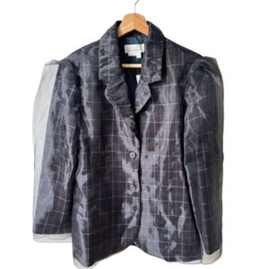 Anthropologie Dam Tyllöverlägg Rutig Kavaj XS Marinblå Tartan Chic Jacka bild 4