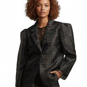 Anthropologie Dam Tyllöverlägg Rutig Kavaj XS Marinblå Tartan Chic Jacka bild 1