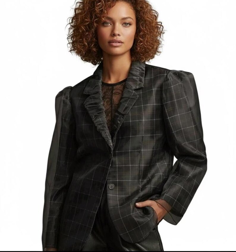 Anthropologie Dam Tyllöverlägg Rutig Kavaj XS Marinblå Tartan Chic Jacka bild 1