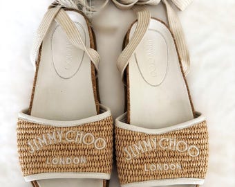 Jimmy Choo Raffia Espadrille Sandals Size 37 US 7 Authentic Certified