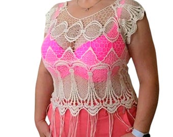 Crochet Lacey Tunic Mini  Women’s L – Fringe Boho Hippie Festival Style