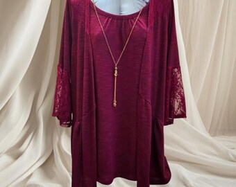 Studio Works Women's Lace Detail Wine Glace Cardigan & Necklace Set - Size 1X