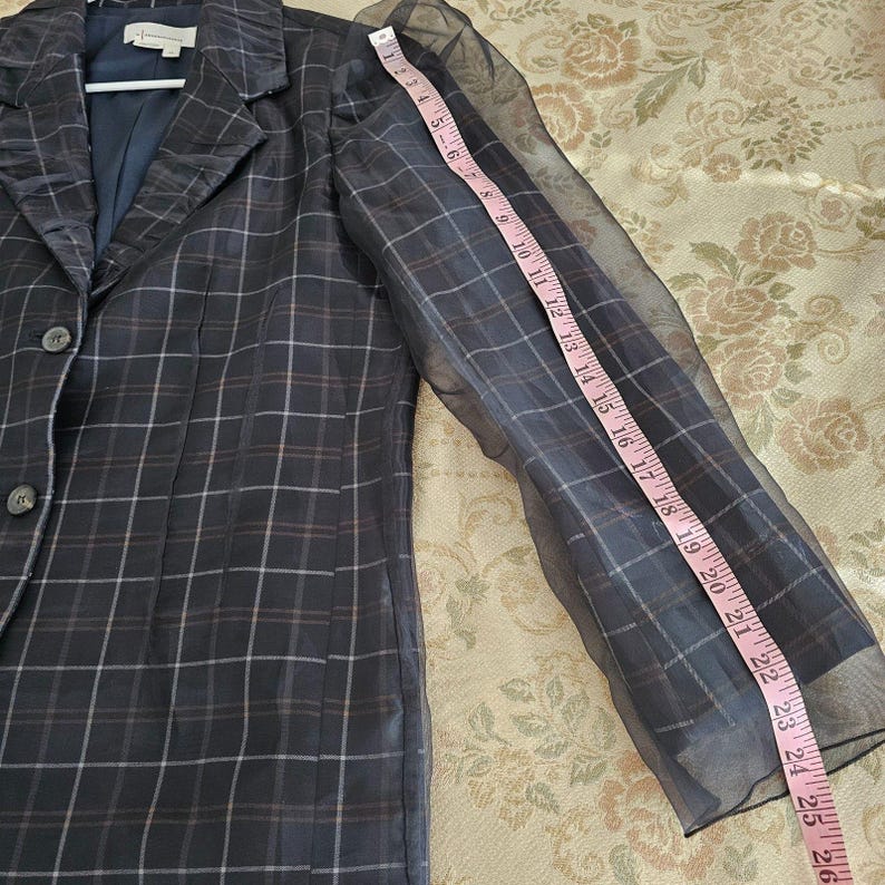 Anthropologie Dam Tyllöverlägg Rutig Kavaj XS Marinblå Tartan Chic Jacka bild 6
