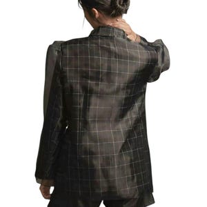 Anthropologie Dam Tyllöverlägg Rutig Kavaj XS Marinblå Tartan Chic Jacka bild 2