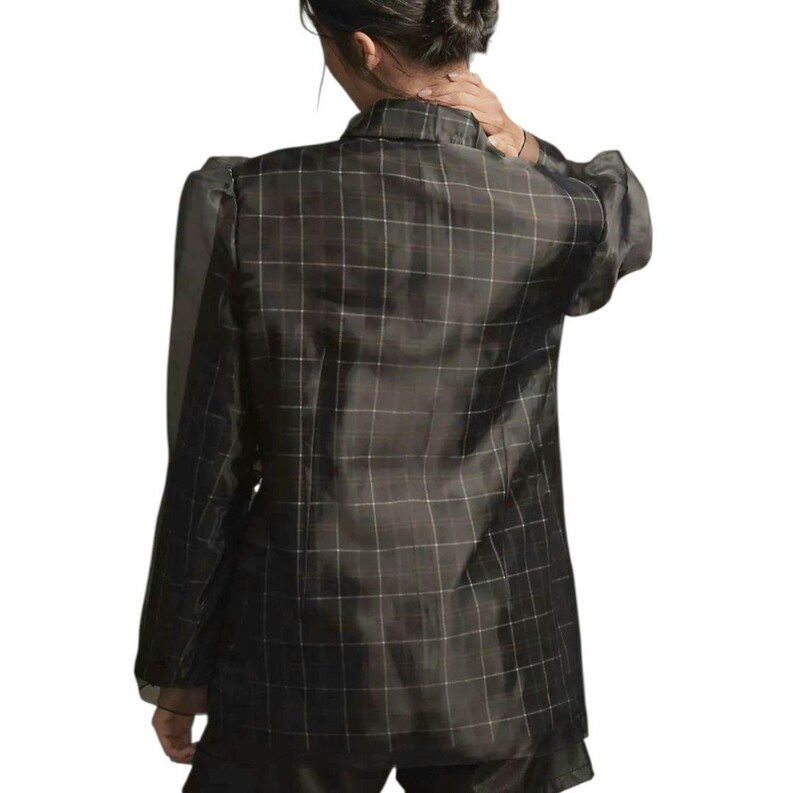 Anthropologie Dam Tyllöverlägg Rutig Kavaj XS Marinblå Tartan Chic Jacka bild 2