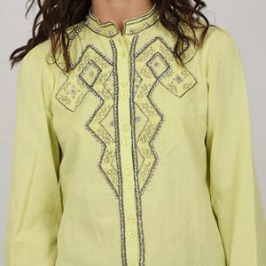Anthropologie Pilcro Nayeli Beaded Button Blouse Yellow XL Cotton Linen image 1