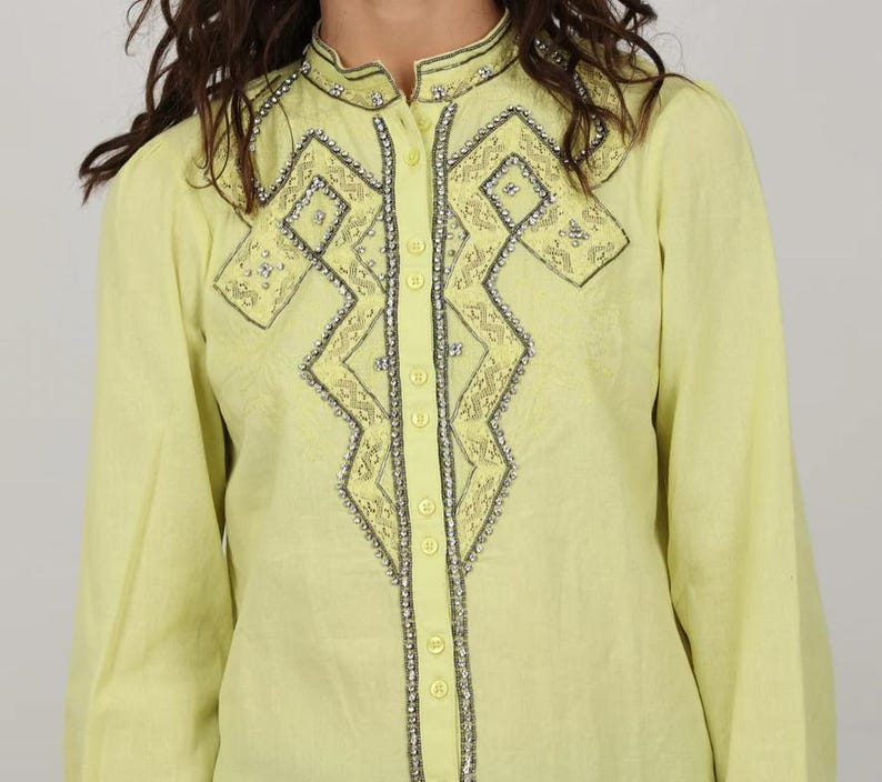 Anthropologie Pilcro Nayeli Beaded Button Blouse Yellow XL Cotton Linen image 1