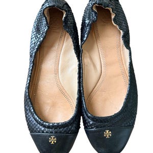 Tory Burch Black Minnie Snakeskin Embossed Leather Ballet Flat Shoes Size 8.5