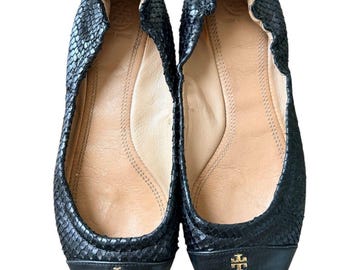 Tory Burch Black Minnie Snakeskin Embossed Leather Ballet Flat Shoes Size 8.5
