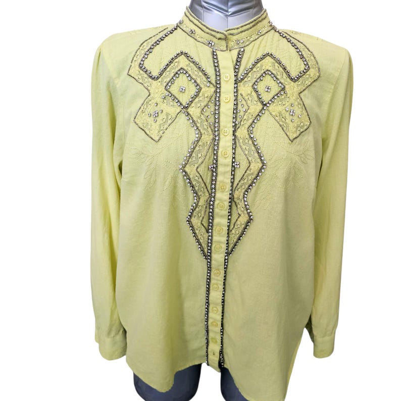 Anthropologie Pilcro Nayeli Beaded Button Blouse Yellow XL Cotton Linen image 2