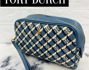 Tory Burch Wristlet Pouch Geometryczny T Monogram Niebieski Kremowy Złote Okucia
