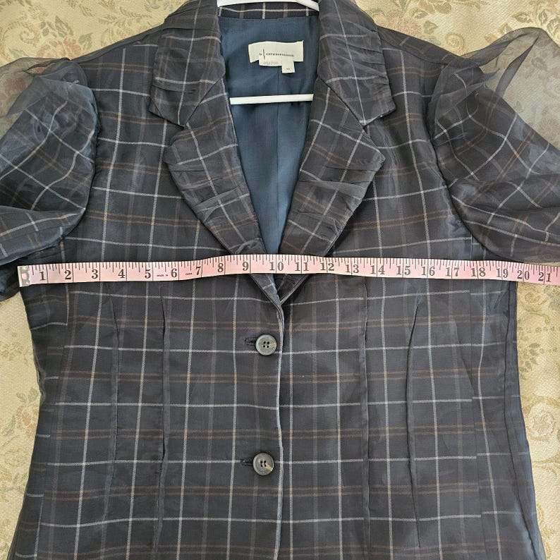 Anthropologie Dam Tyllöverlägg Rutig Kavaj XS Marinblå Tartan Chic Jacka bild 3