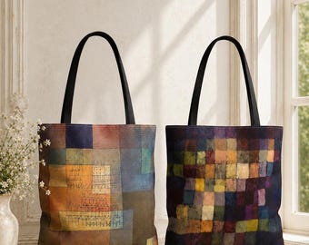 Paul Klee Double-Sided Art Tote Bag, Abstract Geometry & Color Block Reversible Canvas Purse, Bauhaus Museum Gift for Modern Art Lovers