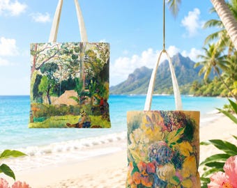 Paul Gauguin Inspired Double-Sided Art Tote Bag, Tahitian Landscape and Tropical Flowers, Art Lover Gift