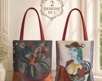 Pablo Picasso Double-Sided Art Tote Bag, Cubism Portrait & Floral Still Life Canvas Purse, Modern Aesthetic Museum Gift for Art Lovers