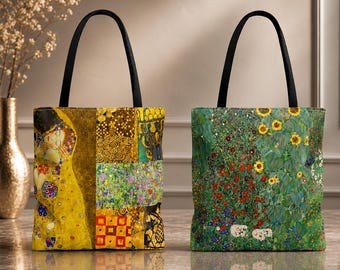 Klimt Double Sided Art Tote Bag, Elegant The Kiss & Sunflowers Shoulder Bag, Museum Gift for Mom, Luxury Canvas Tote, Gold Art Nouveau Bag