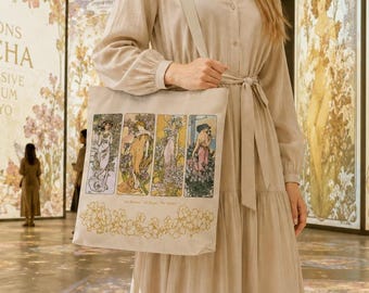 Alphonse Mucha Double-Sided Art Tote Bag, The Flowers & Moon Stars Reversible Canvas Purse, Art Nouveau Museum Gift for Mucha Lovers