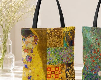 Gustav Klimt Double-Sided Art Tote Bag, The Kiss and Sunflowers, Elegant Art Nouveau Gift for Mom