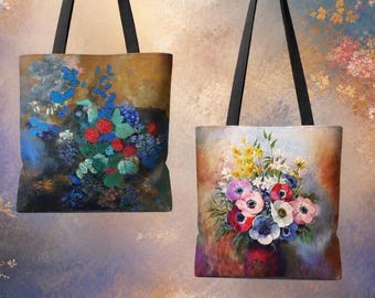 Odilon Redon Double-Sided Art Tote Bag, Blue Vase Flowers and Anemones, Symbolist Floral Gift