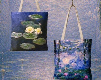 Claude Monet Double-Sided Art Tote Bag, Two Blue Water Lilies Designs, Impressionist Museum Gift