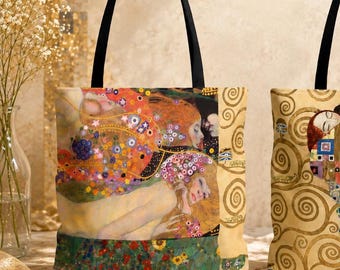 Gustav Klimt Double-Sided Art Tote Bag, Adele and Tree of Life, Elegant Art Nouveau Gift for Mom