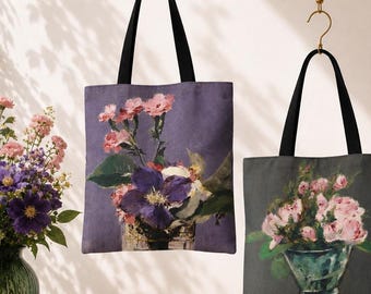 Edouard Manet Double-Sided Art Tote Bag, Flowers in Crystal Vase & Roses Reversible Canvas Purse, Still Life Museum Gift for Art Lovers